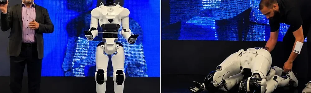 Robot hình người ngã quỵ trên sân khấu
